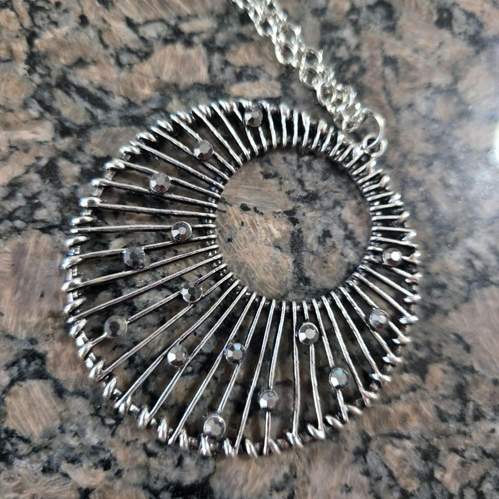 Silver Tone Sunburst Rhinestone Pendant Necklace Boho Crescent Moon Openwork